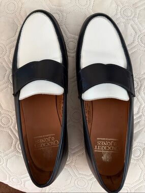 Crockett & Jones Black/White Leather Penny Loafers